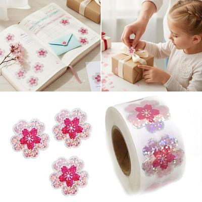 500pcs Pink Flower Holographic Flower Stickers Self-adhesive Waterproof Sealing Sticker Ornament Decorative Decals Gift Wrapping