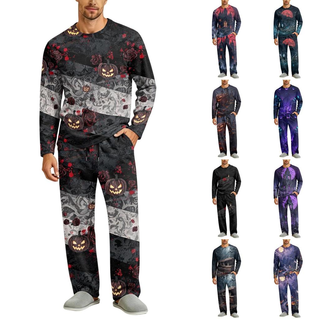 Men's Halloween Pajama Set Long Sleeve with Button Fly and Elastic Waist Drawstring for Sleepwear