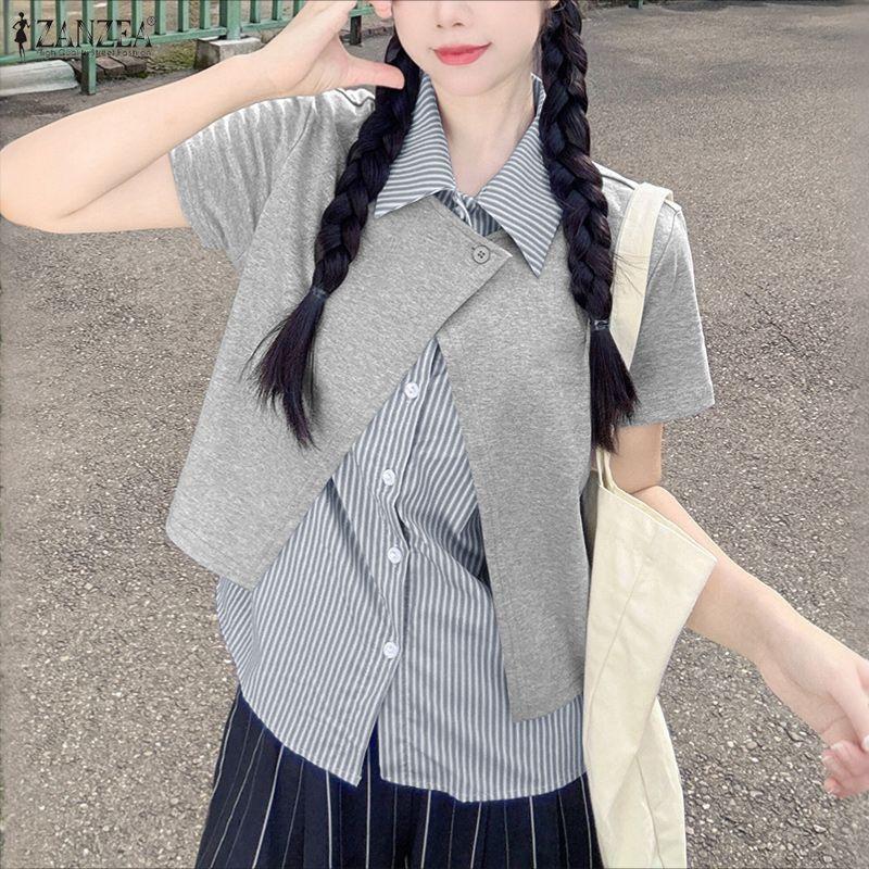 ZANZEA Women Stripe Splice Turn Down Collar Short Sleeve Blouse