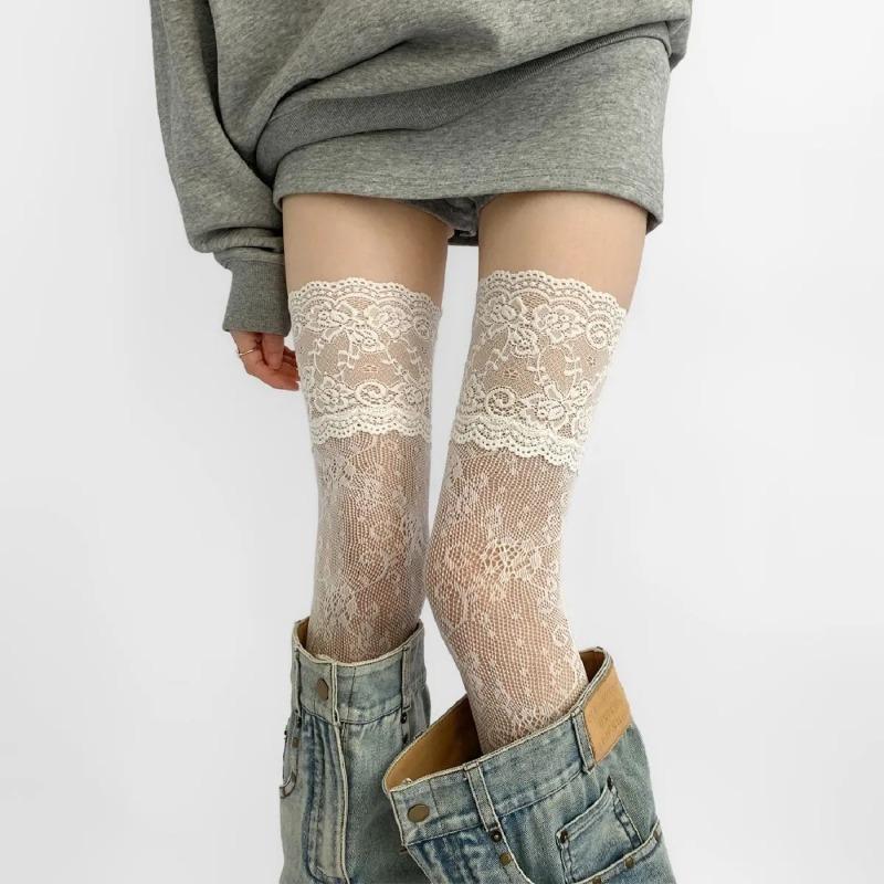 

Socks Woman Autumn/Summer Solid Color Thigh High Lace Stockings Women Over The Knee Stockings Lolita Girls Long Leg Boot Socks One Size сірий