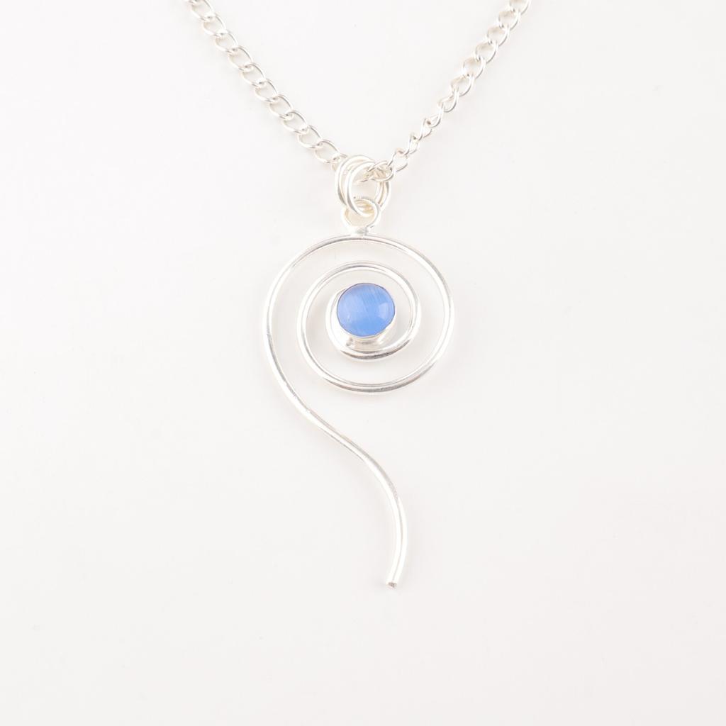 Dark Blue Cat's Eye Gemstone 925 Sterling Silver Jewelry Handmade Unique Pendant PP-42-49