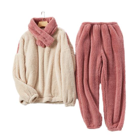Fluffy Pajamas Set for Women Soft Fleece Pullover 2 Piece Pjs Loungewear with Scarf Winter Plush Warm Sleepwear Set