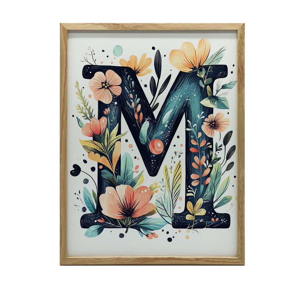 Plakat Z Literą M W Kwiaty I Liście Plakat Z Literą M W Kwiaty I Liście, 30X40 Cm, Bez Ramy, Płótno Premium Na Blejtramie