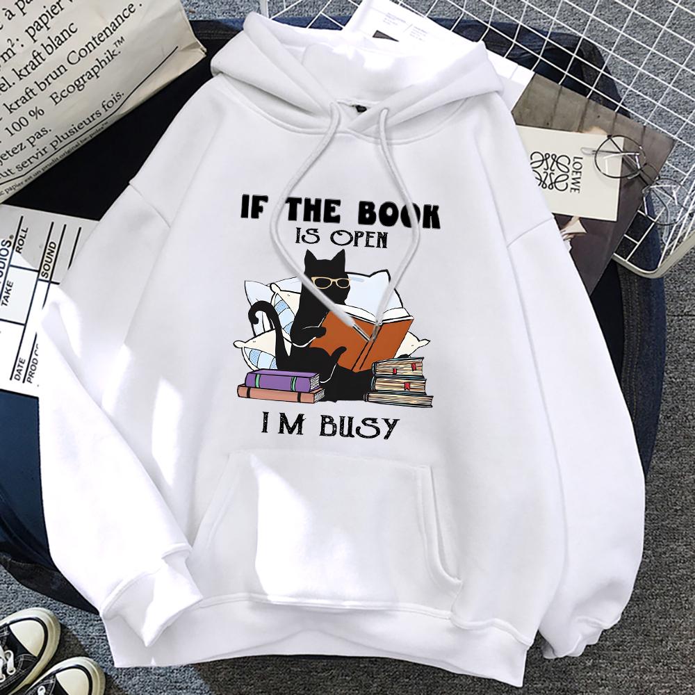 

If The Book Is Open I m Busy Black Cat Hoody Women Casual Crewneck Hoodies Fashion Loose Clothes Fleece Pullover Sweatshirt XXL белый