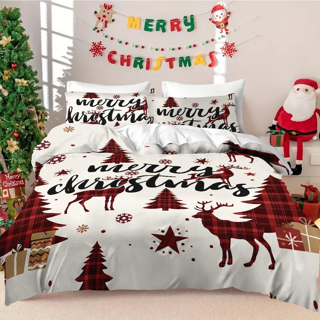 3pcs Christmas Reindeer Print Coreless Bedding Set Multiple Size Bedrooms Dormitories All Season Comfortable Machine Washable