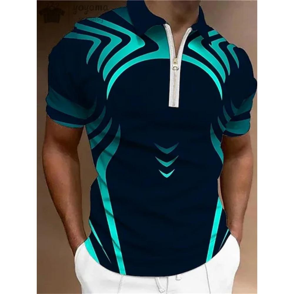 Men's T-shirt Summer Zipper Polo Shirt Stripe Pattern T-shirt Short Sleeve Collar Top Casual