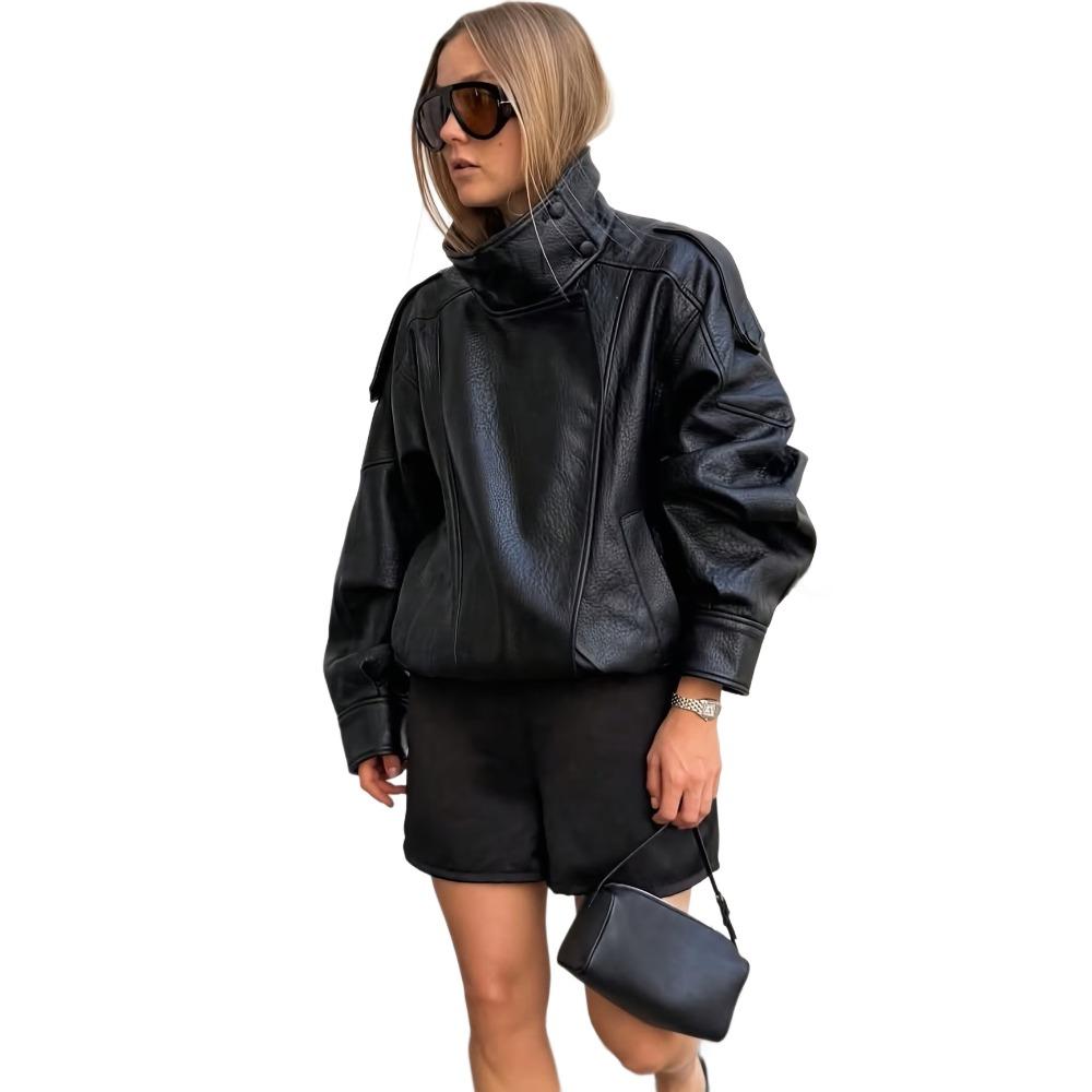 **Women's Faux Leather Jacket Cropped Loose Biker Style PU Leather Coat Spring Autumn Motorcycle Jacket**