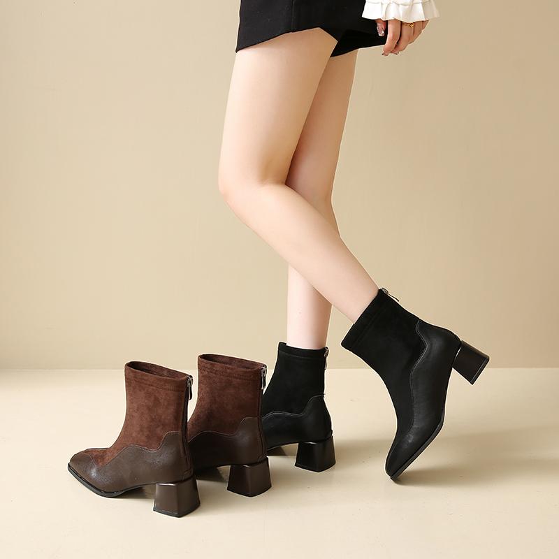 Moda Nuevo Estilo Vintage Tacón Grueso Punta Cuadrada Botines de Tobillo para Mujer Cremalleras Traseras Zapatos Otoño Invierno Botines Cortos Elegantes Adelgazantes para Damas