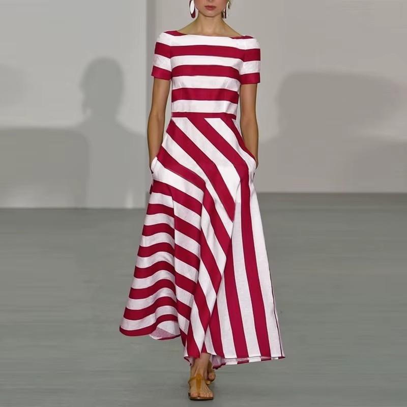 Casual Striped Long Dress With Elastic Polyester Fabric For Spring Daily Wear