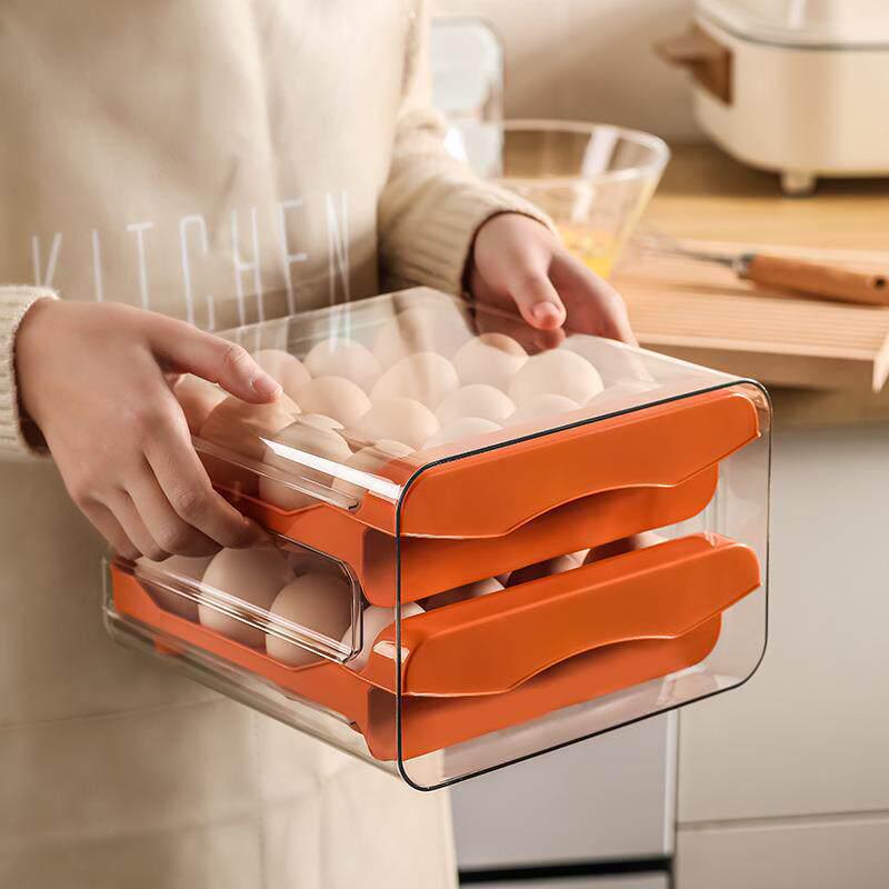 Caixa de Armazenamento de Ovos de Camada Dupla com 32 Compartimentos, Grande Capacidade, Empilhável, Gaveta Transparente para Conservação Fresca no Refrigerador.