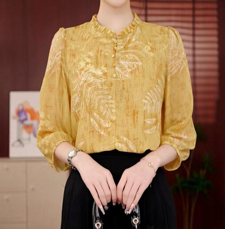 Women s Spring Jacquard Lace Pullover Top with Seven-sleeve Design 3XL (67.5-75 kg) жёлтый