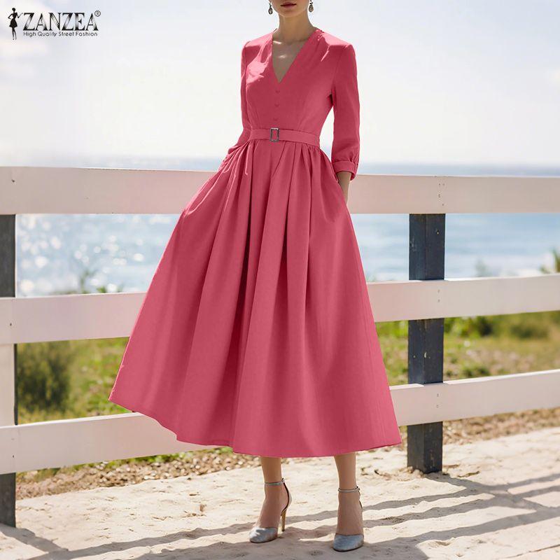 ZANZEA Abito Lungo Casual Elegante da Donna con Scollo a V, Colore Unito, Manica 3/4