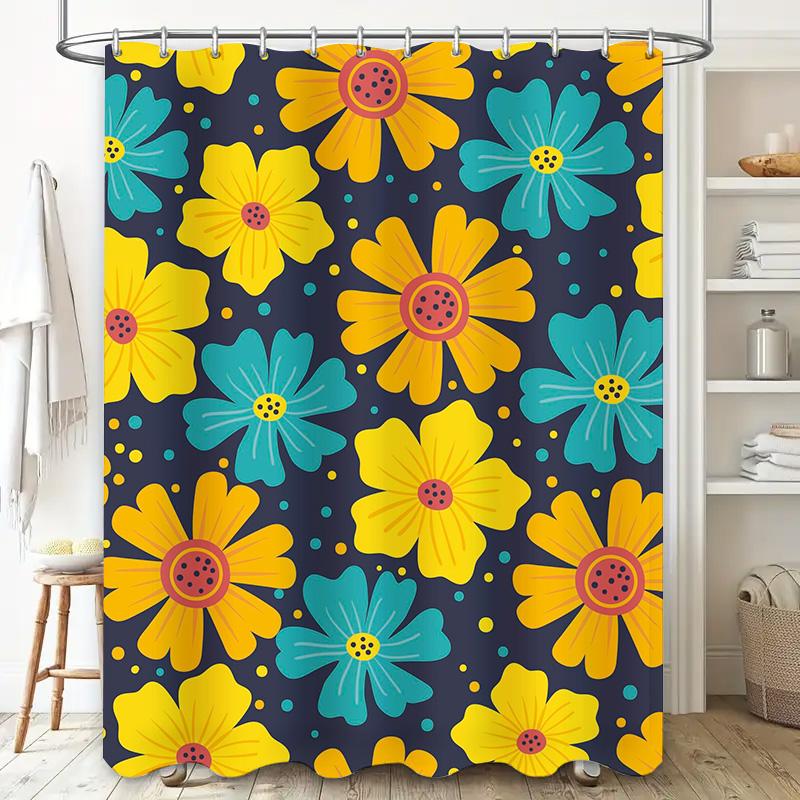 Colorful Floral Shower Curtain Bathroom Decor Blue Yellow Red Pink Purple Flowers Waterproof Bath Mat Cover Home Decoration Arti