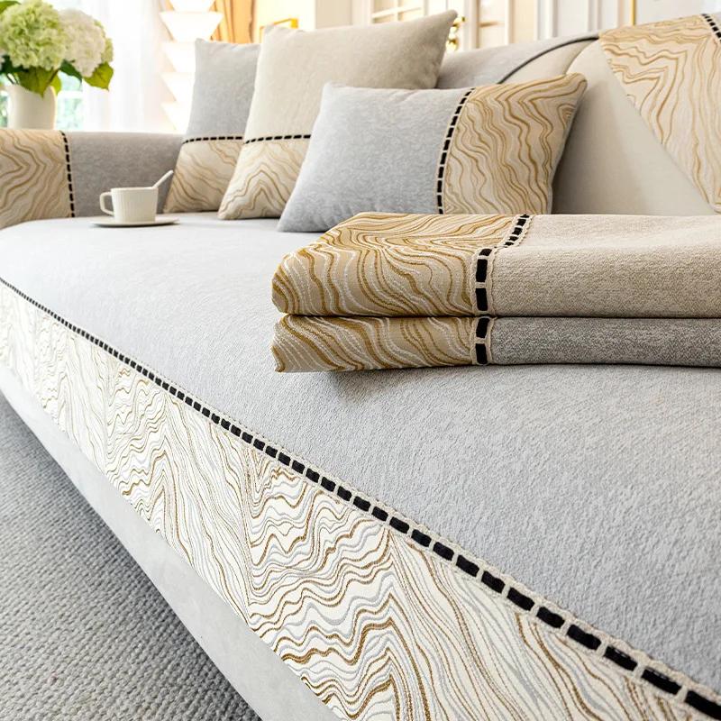 Chenille Splicing Pattern Edges Sofa Cover Solid Color Thicken Sofa Towel Anti-slip Couch Cushion for Living Room Four Seasons