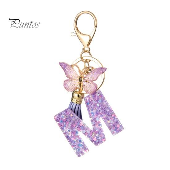 Letter A-Z Key Holder Purple Series Keychain Pendant, Sequins Star Initial Charm Chain with Butterfly Tassel Design, for Bag Purse Backpack Non-fading