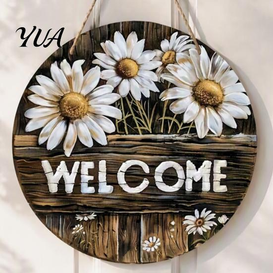 Wall Hanging Ornament for Living Room Wooden Daisy Welcome Sign Front Door, Rustic Farmhouse Decor Floral Art with Hemp Rope, Wood Plaque Home
