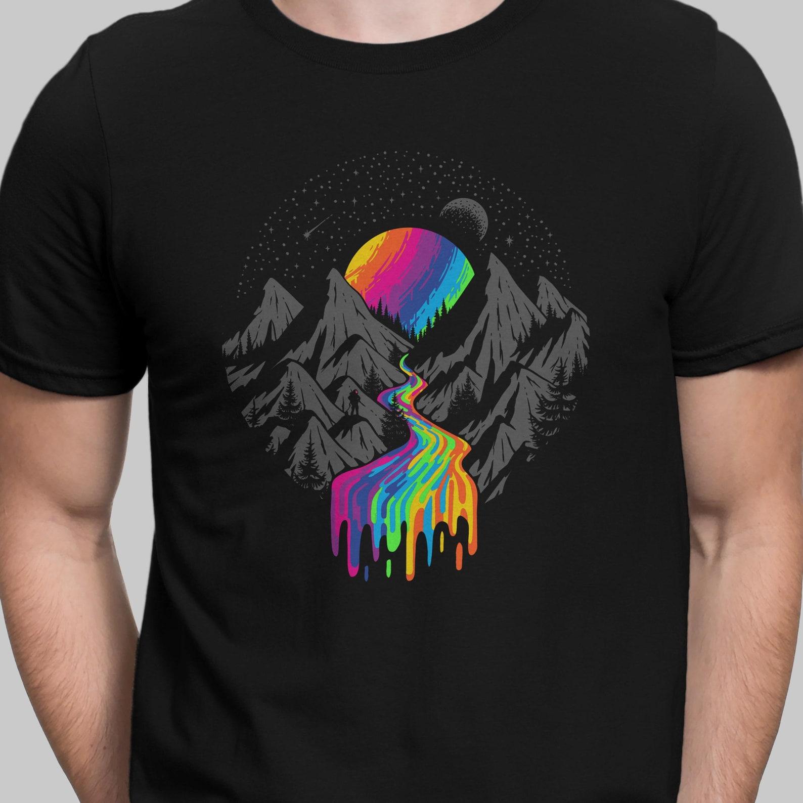 Cosmic River T-Shirt: Trippy Rainbow Planet Graphic Tee L