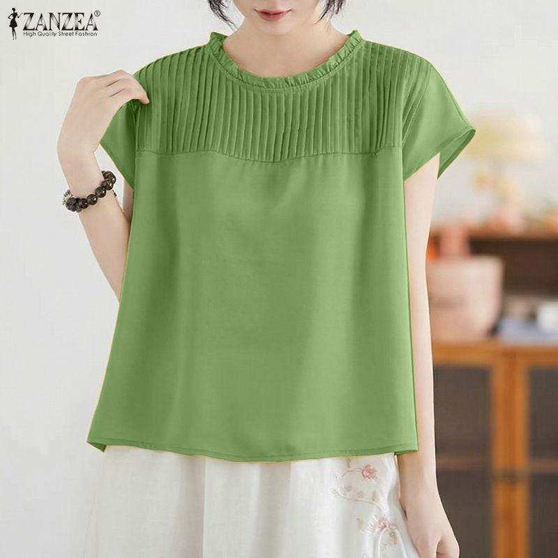 ZANZEA Blusa Casual Feminina de Manga Curta e Cor Sólida com Decote Redondo