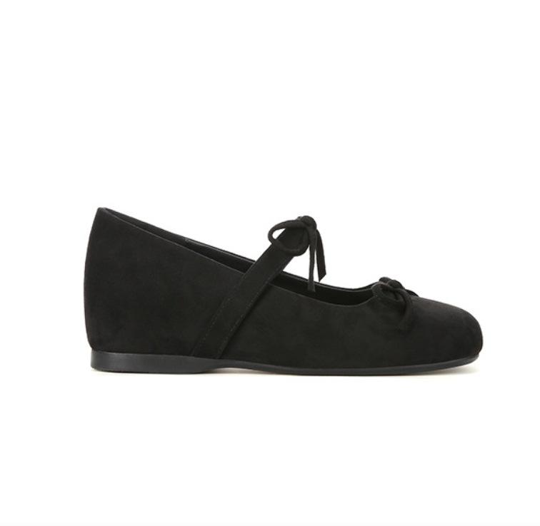 Sheepskin~ 4cm inner height increase shoes square head ballet flats women's shallow mouth versatile French bow Mary Jane shoes