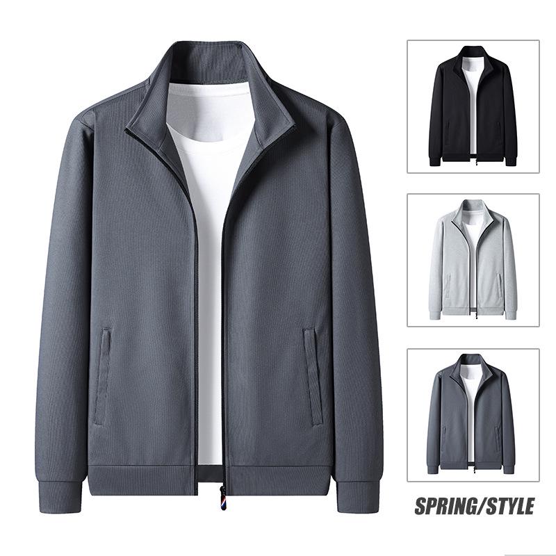 2024 Men's Solid Color Stand Collar Zipper Jacket - Versatile, Fashionable Spring/Autumn Casual Wear for Youth and Dads.