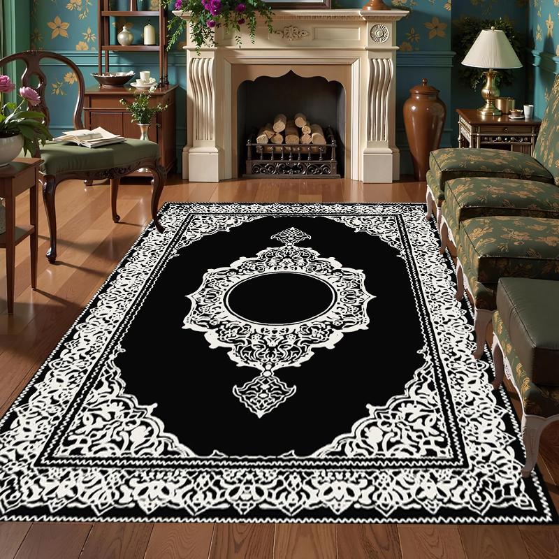

Luxurious Black White Mandala Carpet Exquisite Pattern Rug Living Room Bedroom Home Decoration Intricate Floral Border Design 40x60cm