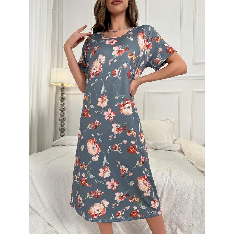 Velká velikost, Kulatý výstřih, Krátký rukáv, Modrý květ meruňky, Domácí oblečení, Noční košile, Šaty, Ležérní, Dámské oblečení s potiskem
