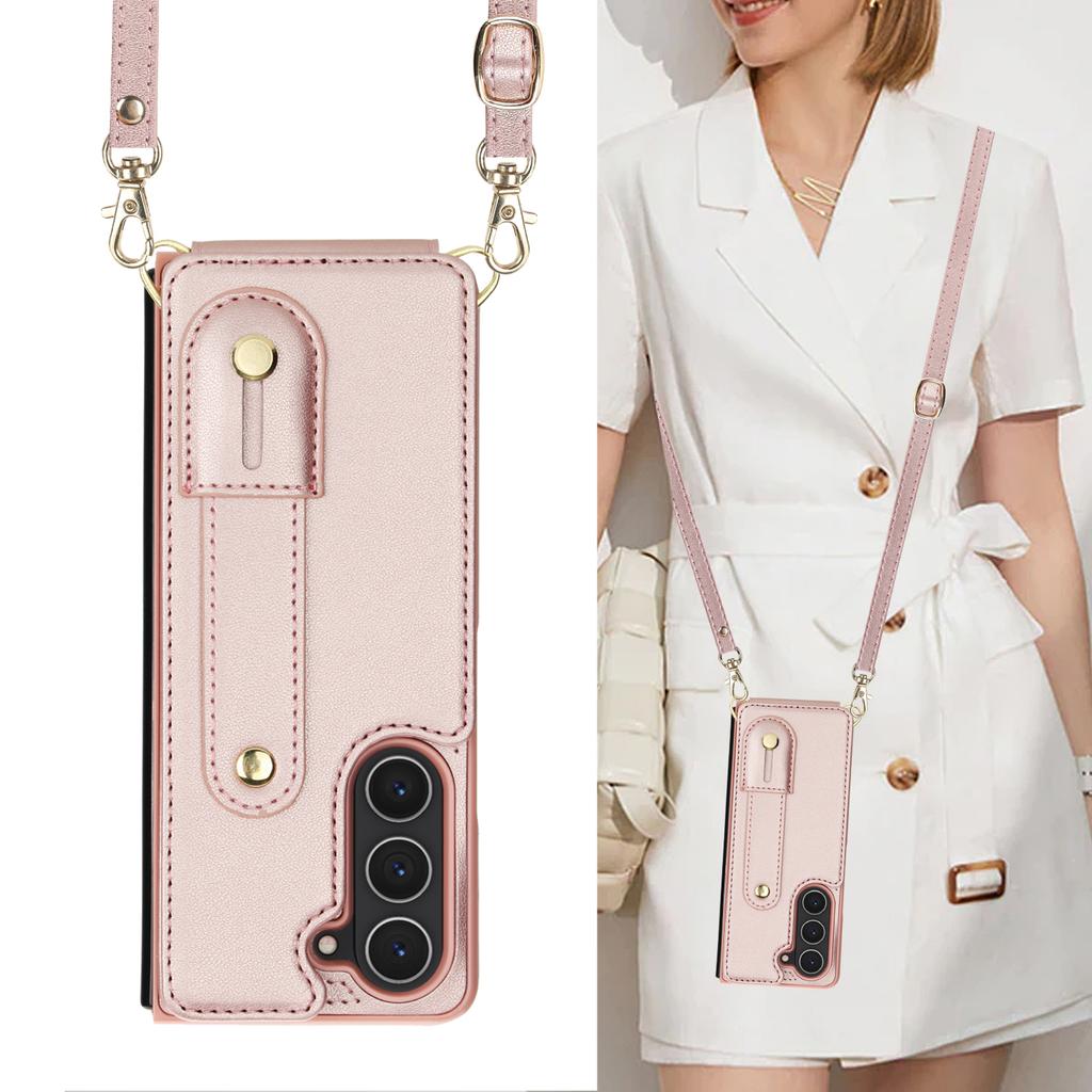 Crossbody Wristband Wallet Phone Case For Samsung Galaxy Z Fold 7 6 5 4 5G Double Magnetic Button Card Slot Wrist Design Cover