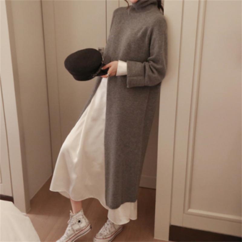 Neu im Herbst Winter Damen Strickpullover Lange Kleider Hochgeschlossenes, geteiltes, lockeres Pulloverkleid Lässiger Temperamentpullover mit Kleidung der unteren Schicht
