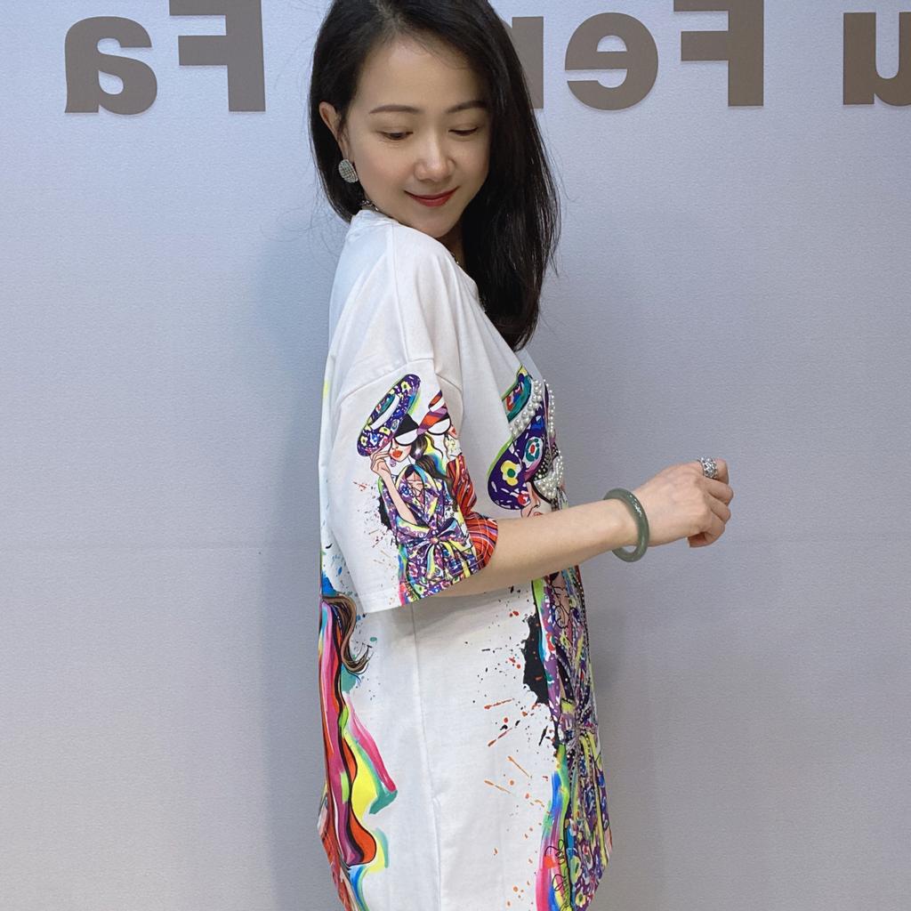 Plus Size Colorful Pattern Printed Diamonds Beading Tees for Women Summer Thin Clothes O Neck Short Sleeve Casual Loose T Shirts