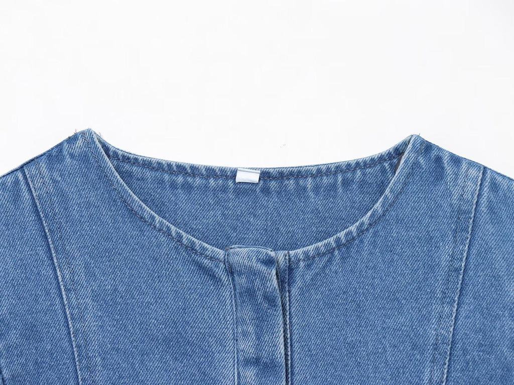 Elegant Denim Midi Dress: European & American Style, Round Neck, Short Sleeve