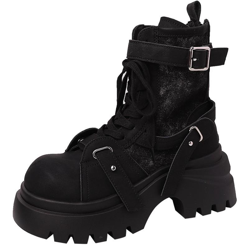 Autumn and Winter New Fashionable Women's Martin Boots Splicing Cloth Platform Muffin Short Boots Strap Versatile Locomotive Boots