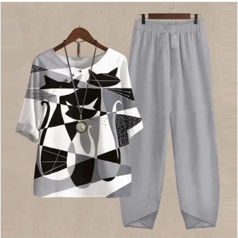 

Весенний женский костюм из двух частей с рукавом пять четвертей и принтом сверху и брюками XXXXL