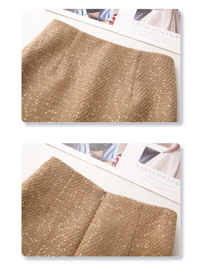 2024 Women's Yellow Sequined Tweed Midi Skirt – Autumn/Winter Straight Bodycon