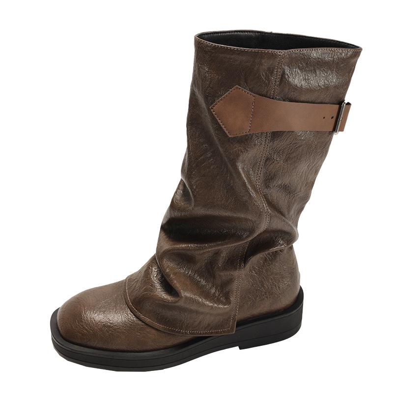 Queen Van Meillard Brown Vintage Platform Boots Women's 2025 New Autumn Skirt Skinny Medium Boots