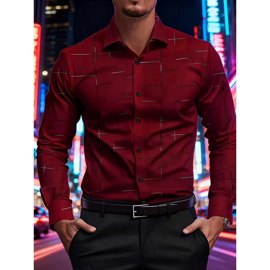Men's Trendy Geometric 3D Line Print Long-Sleeved Shirt Men's Button up Shirt Casual Fashion Male White Shirt Lapel Shirt Tops