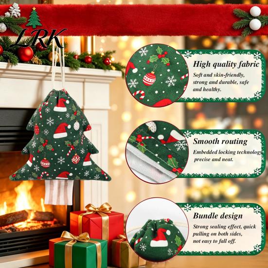Flannel Christmas Decorations Tree Shaped Drawstring Gift Bags, Xmas Hanging Treat Sacks, Seasonal Home Decor Holiday Candy Small Storage Pouches for