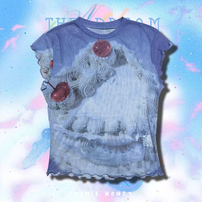 

Fashion Sexy American Sweetheart Pure Desire Style Mesh Y2g Sexy Slim Fit Midriff-Baring Lace Perspective Print T-shirt Cherry sweetheart M