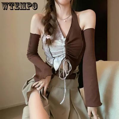 Lente Herfst Nieuwe Onregelmatige Koffie Halter T-shirts Dames Trekkoord Slim Off Shoulder Retro Lange Mouw Tops Streetwear