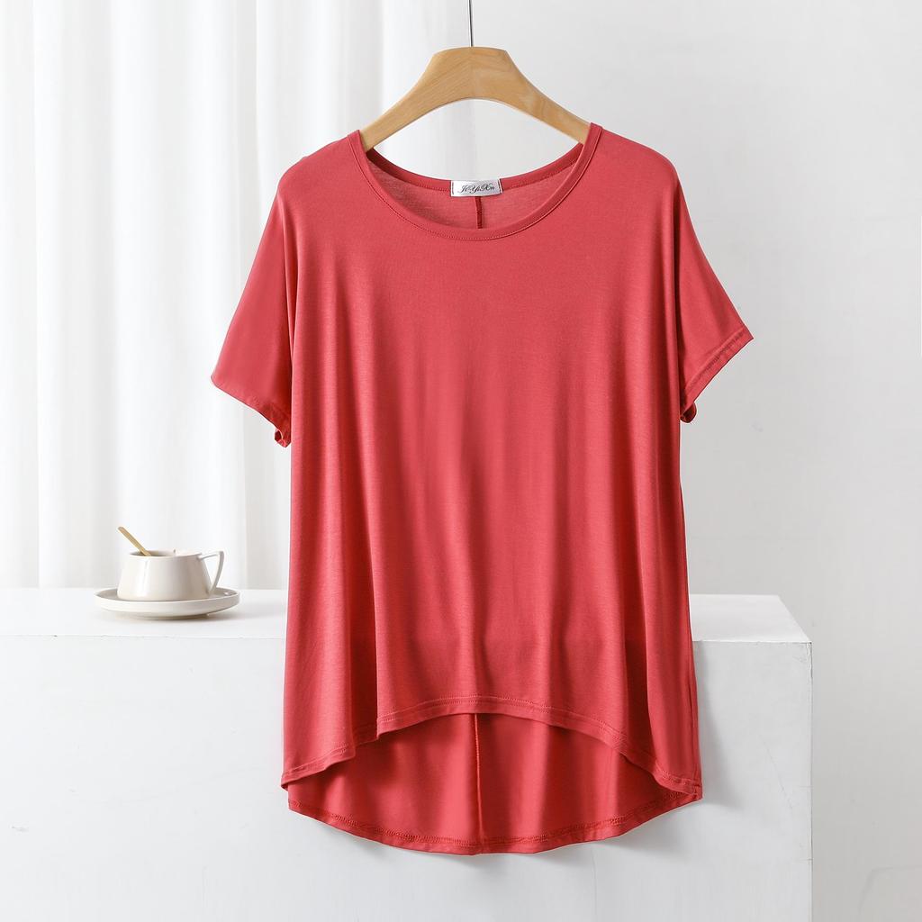 Sommar Lös Passform Modal T-shirt: Kort fram, lång bak, Plusstorlek Fladdermusärm