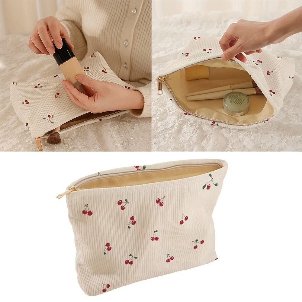 Durable Lightweigh Cherry Makeup Bag Corduroy with Lining Zipper Makeup Storage Box Portable Multifunctional Bag Daily Use