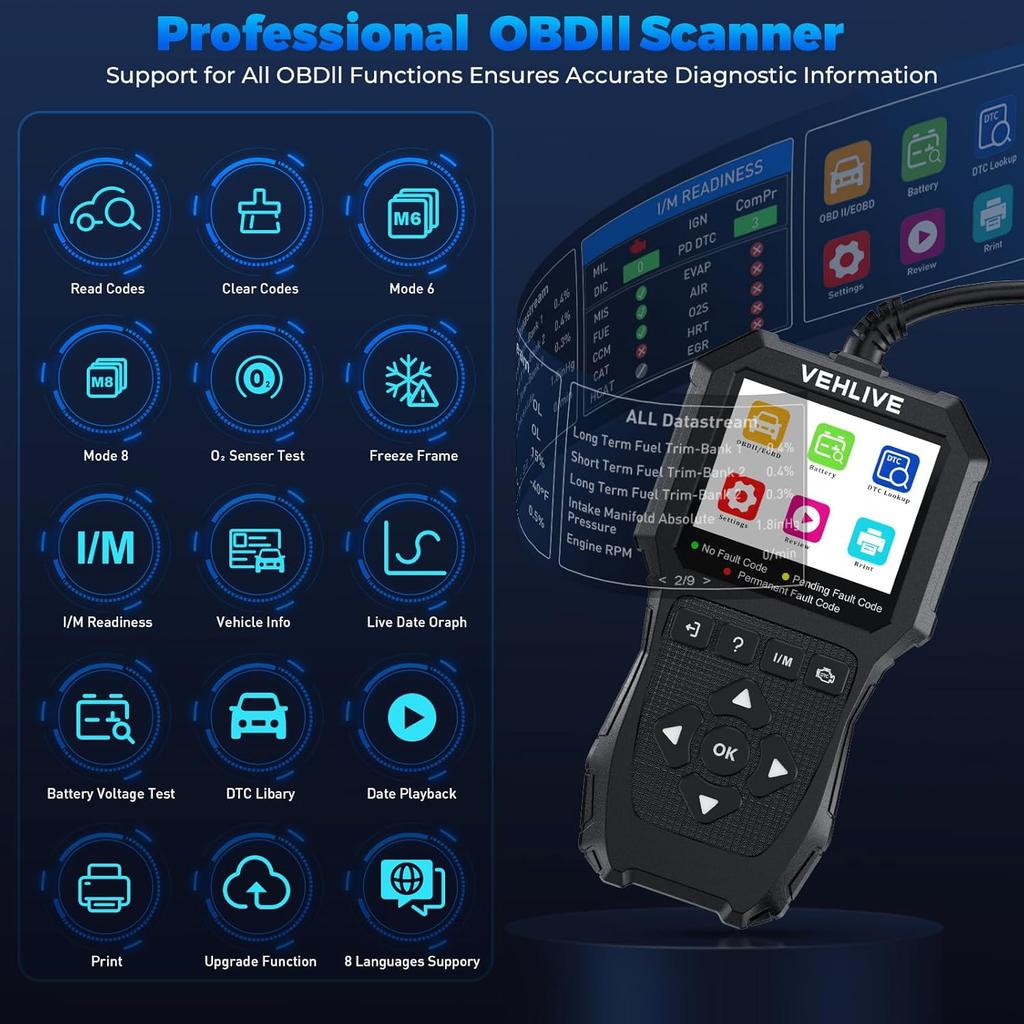 OBD2 Scanner Diagnostic Tool, Check Engine Light Car Code Reader with Reset, Battery Tester, Live Data, Freeze Frame, I/M Readiness, Car Scanner