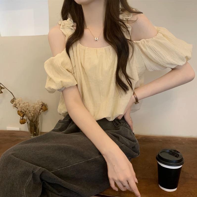 Pink Short Sleeve Shirt Women's Summer Design Premium French Short Clavicle Shoulder Bubble Sleeve Chic Top