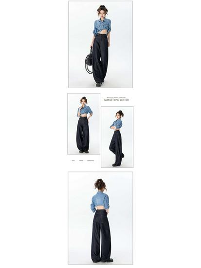 Women's High Waist Wide Leg Retro Scimitar Jeans - Deep Blue, Versatile Spring & Autumn