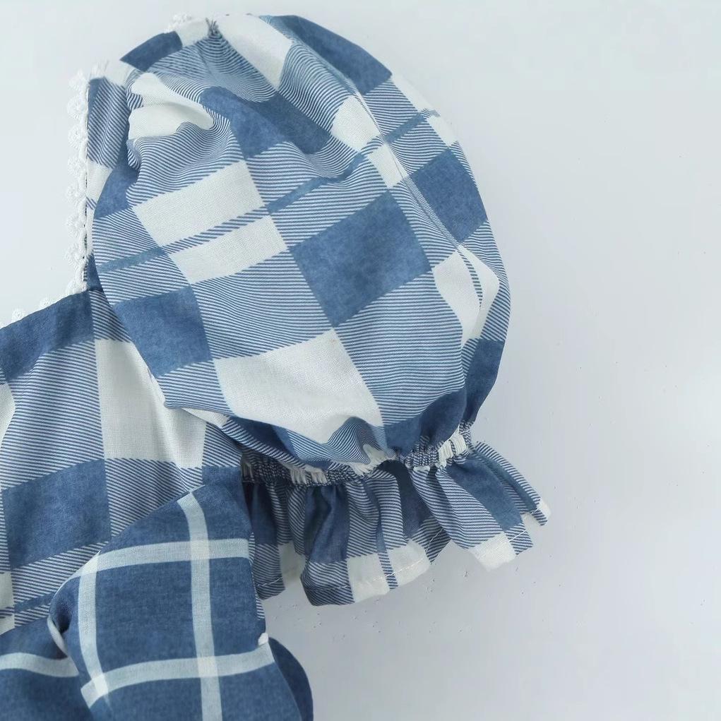 French Summer Plaid Puff Dress with Bow Tie and Short Sleeves