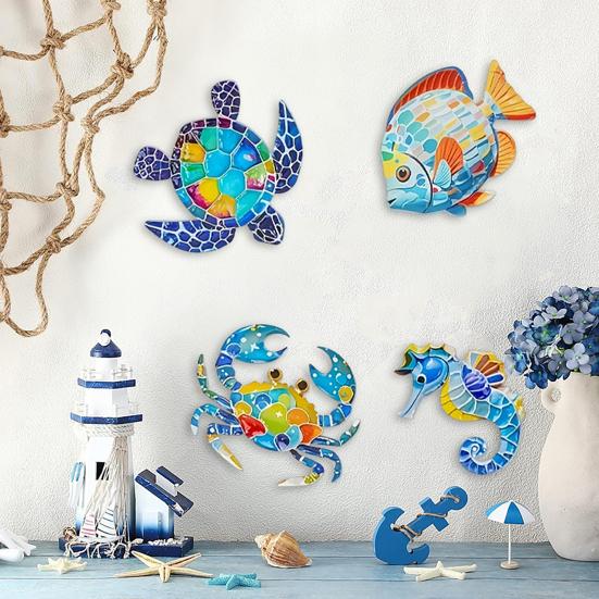 4 Pcs Wooden Beach Wall Decor Colorful Sea Turtle Fish Crab