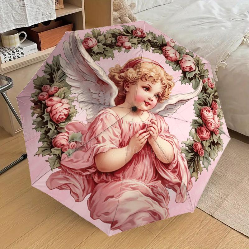 

Beautiful Angel Pattern Folding Umbrella Fashion Auto-Open 8 Iron Ribs Plastic Handle Foldable Sunshade Perfect Christmas Gifts