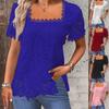 Camiseta informal de verano para mujer, de manga corta, con cuello cuadrado y encaje, de color liso