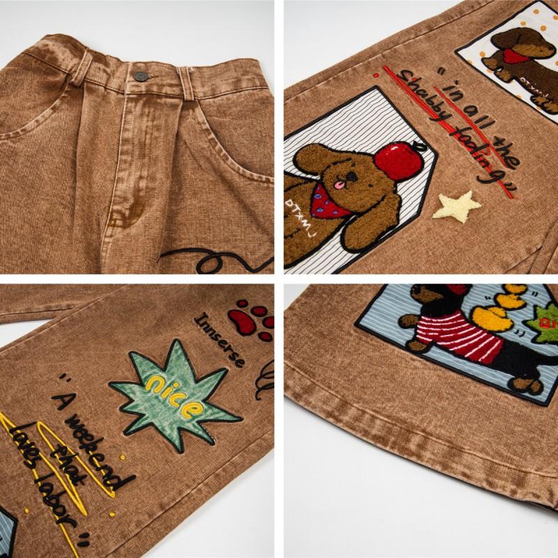 American Vintage Denim Wide Leg Jeans Couples Loose Straight With Dachshund Dog Embroidery Casual All Season Pants