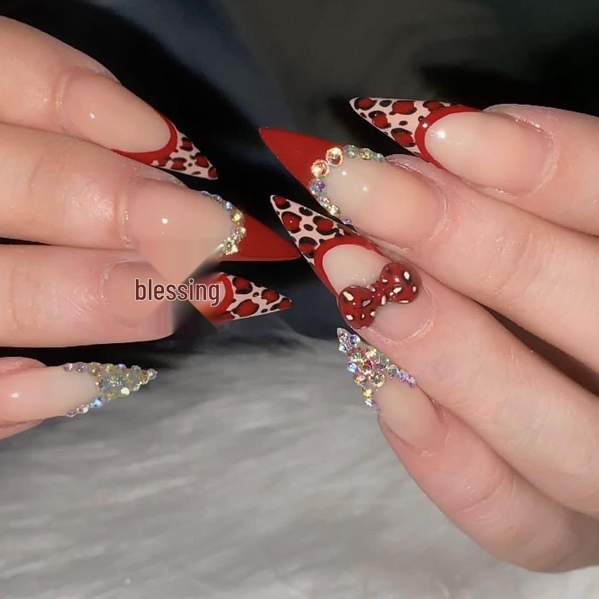 Red Leopard Print Spicy Girl Style Rhinestone Bow False Nail Tips