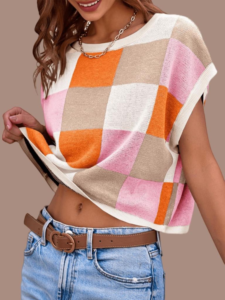 Women's Color Block Cropped Knit Top Cap Sleeve Crew Neck Summer Short Sweater